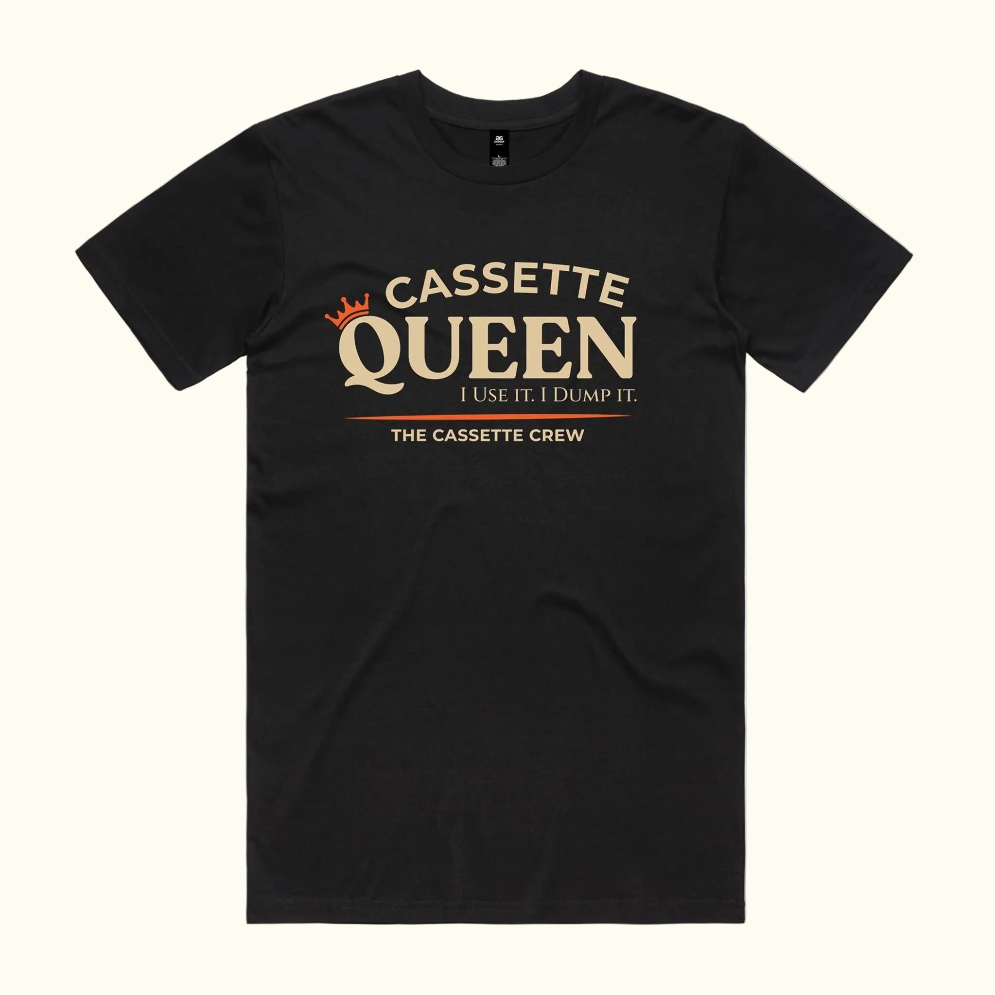 Cassette Queen tee in black with beige typography and burnt orange crown. The Cassette Crew
