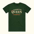 Cassette Queen tee in forest green with beige typography and burnt orange crown. The Cassette Crew