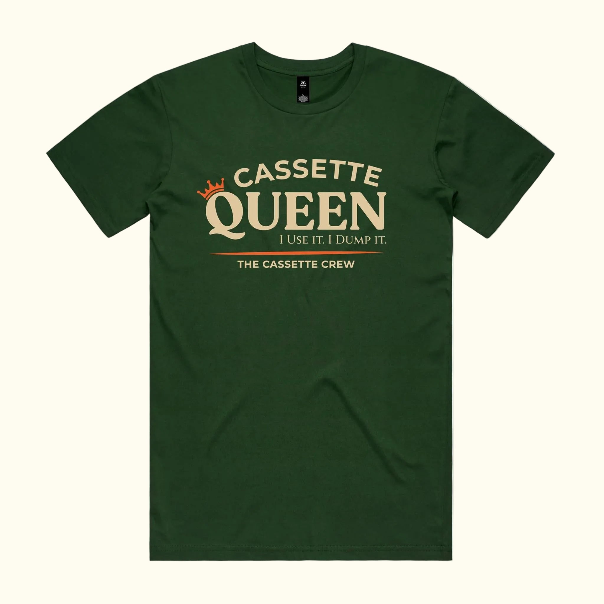 Cassette Queen tee in forest green with beige typography and burnt orange crown. The Cassette Crew