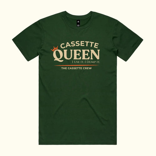 Cassette Queen tee in forest green with beige typography and burnt orange crown. The Cassette Crew
