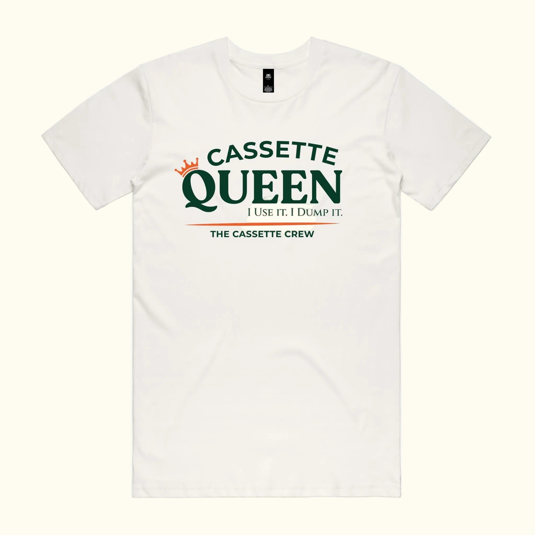 Cassette Queen tee in natural with beige typography and burnt orange crown. The Cassette Crew