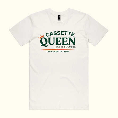 Cassette Queen tee in natural with beige typography and burnt orange crown. The Cassette Crew