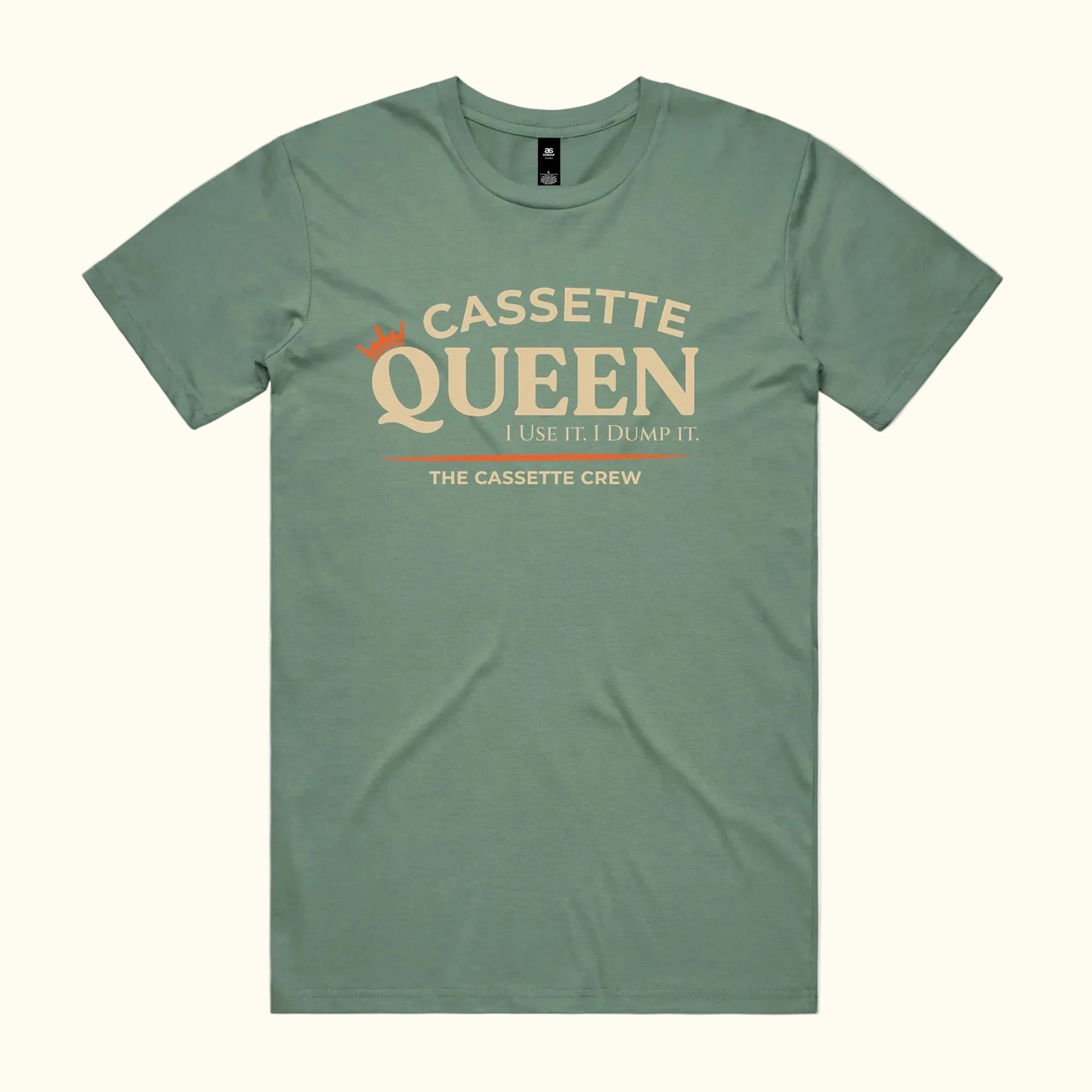 Cassette Queen tee in seige with beige typography and burnt orange crown. The Cassette Crew