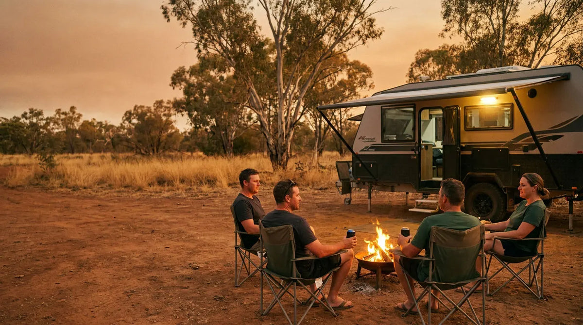 Four people sitting around a campfire at dusk in folding chairs, with a large off-road camper trailer parked nearby