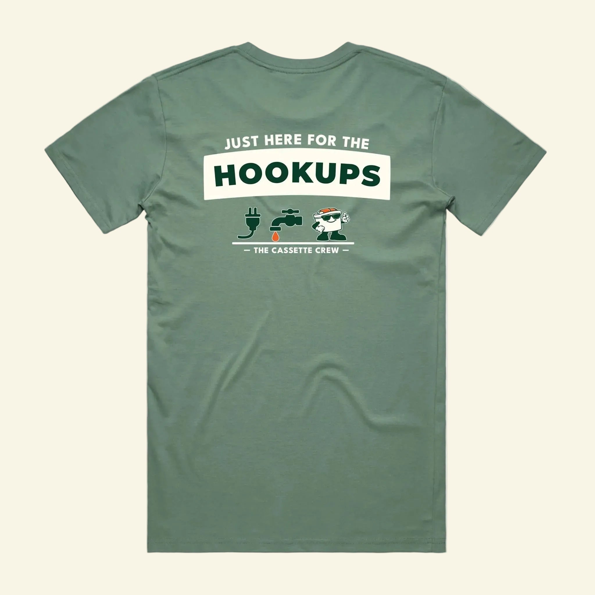 Hookups Tee - The Cassette Crew - Sage - Premium RV and caravan lifestyle apparel