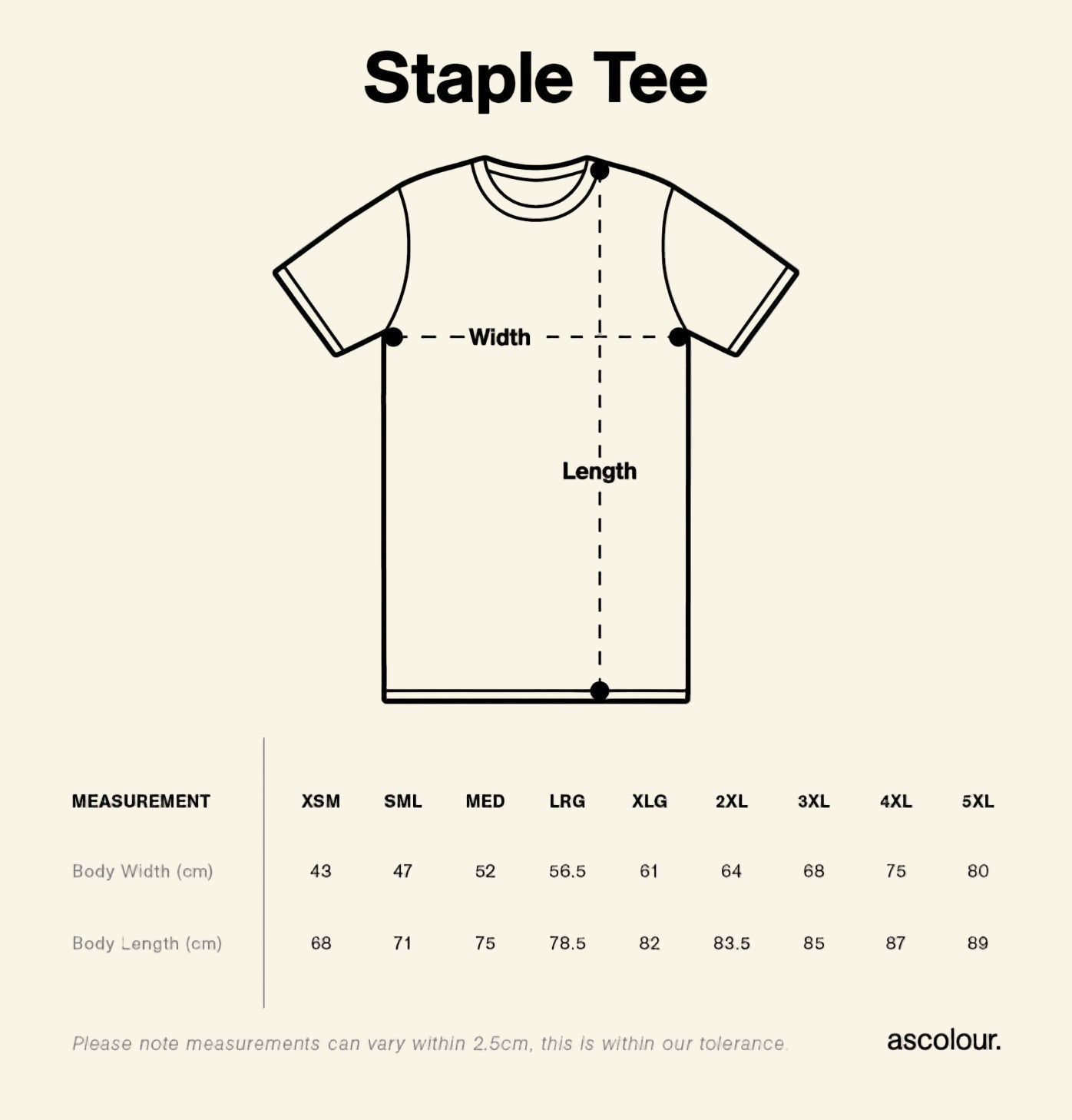AS Colour Staple Tee size guide — The Cassette Crew — body width and length measurements in centimetres