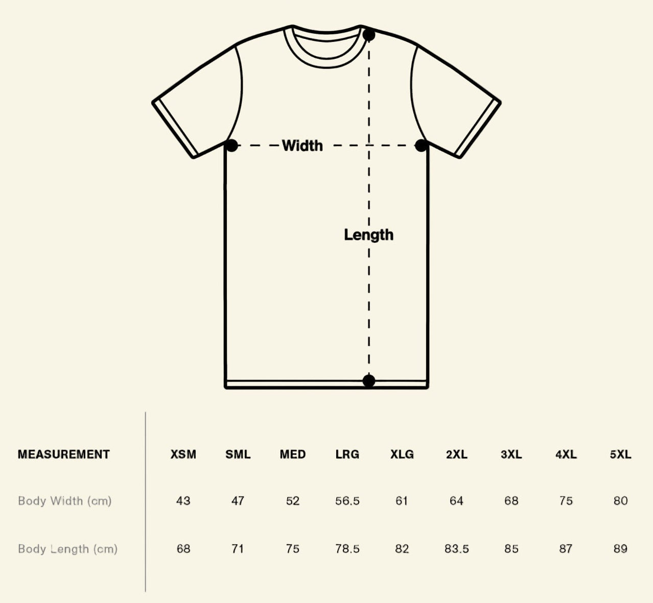 Tee size guide — The Cassette Crew — body width and length measurements in centimetres