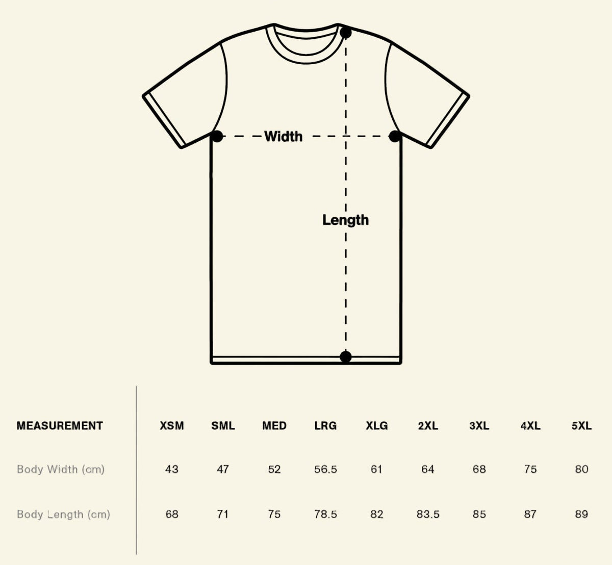 Tee size guide — The Cassette Crew — body width and length measurements in centimetres